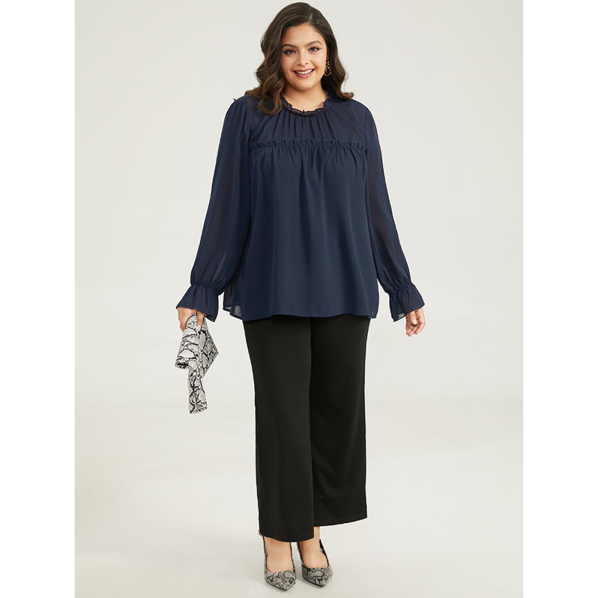 Plus Size Indigo Anti-Wrinkle Frill Trim Lantern Sleeve Blouse Women Office Long Sleeve Round Neck Work Blouses BloomChic 10/M Product Image