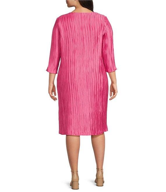 Caroline Rose Plus Size Plisse Knit Scoop Neck 3/4 Sleeve A-Line Dress Product Image