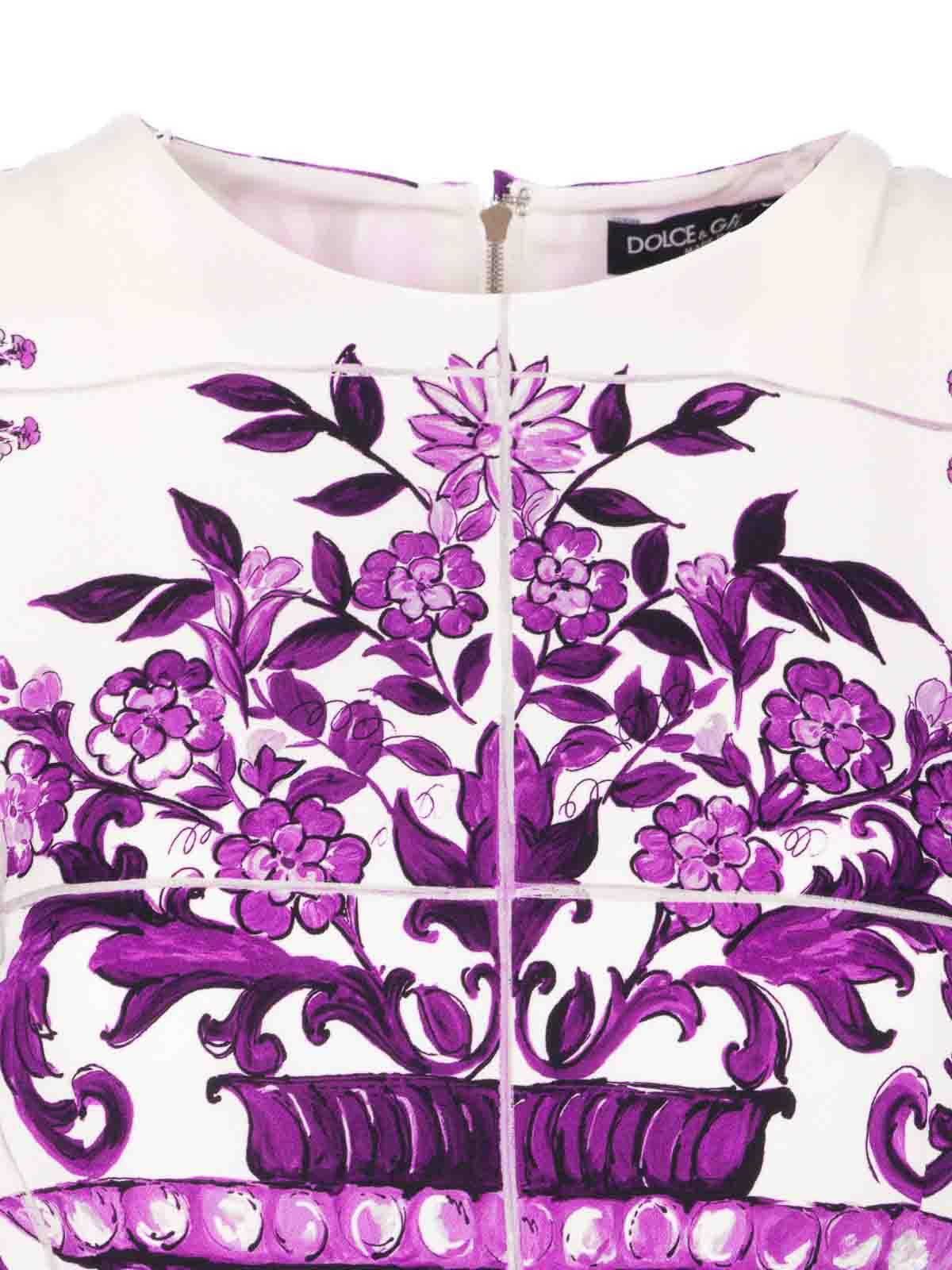 DOLCE & GABBANA Violet Crewneck Dress With Rear Zip Closure And All-over Floral Print In Silk Stretch Woman In Purple Product Image