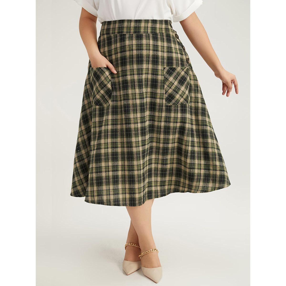 Plus Size Plaid Patched Pocket Button Up Skirt Women Multicolor Office Elastic Waist No stretch Pocket Work Skirts BloomChic 26/4X Product Image