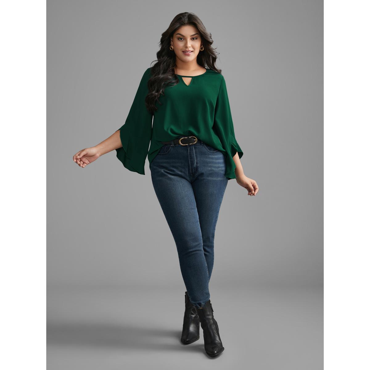 Plus Size Emerald Solid Keyhole Ruffle Sleeve Blouse Women Elegant Extra Long Sleeve Round Neck Everyday Blouses BloomChic 12/L Product Image
