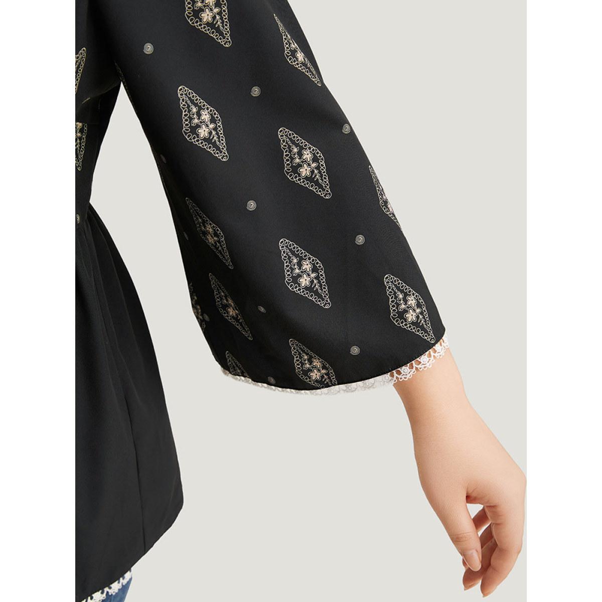Plus Size Black Boho Print Guipure Lace V Neck Bell Sleeve Blouse Women Vacation Elbow-length sleeve V-neck Dailywear Blouses BloomChic 26/4X Product Image