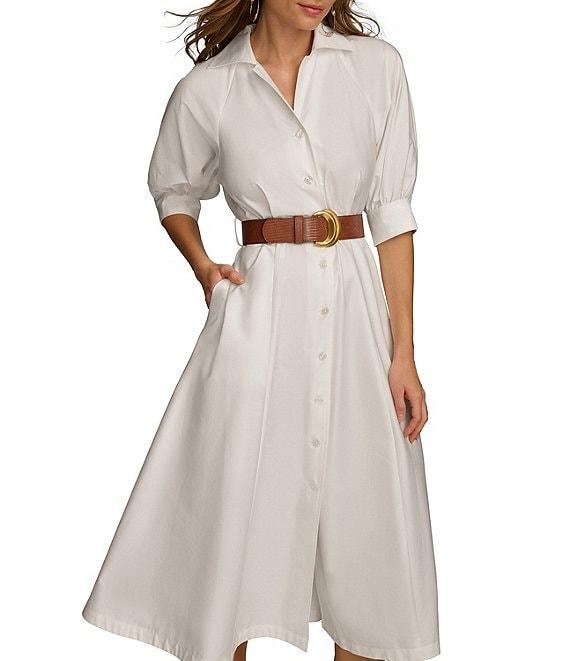 Donna Karan 3/4 Sleeve Collared Neck Belted Pocketed Sateen Midi Dress Product Image