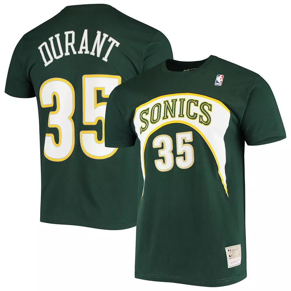 Men's Mitchell & Ness Kevin Durant Green Seattle SuperSonics Hardwood Classics Stitch Name & Number T-Shirt,  Product Image