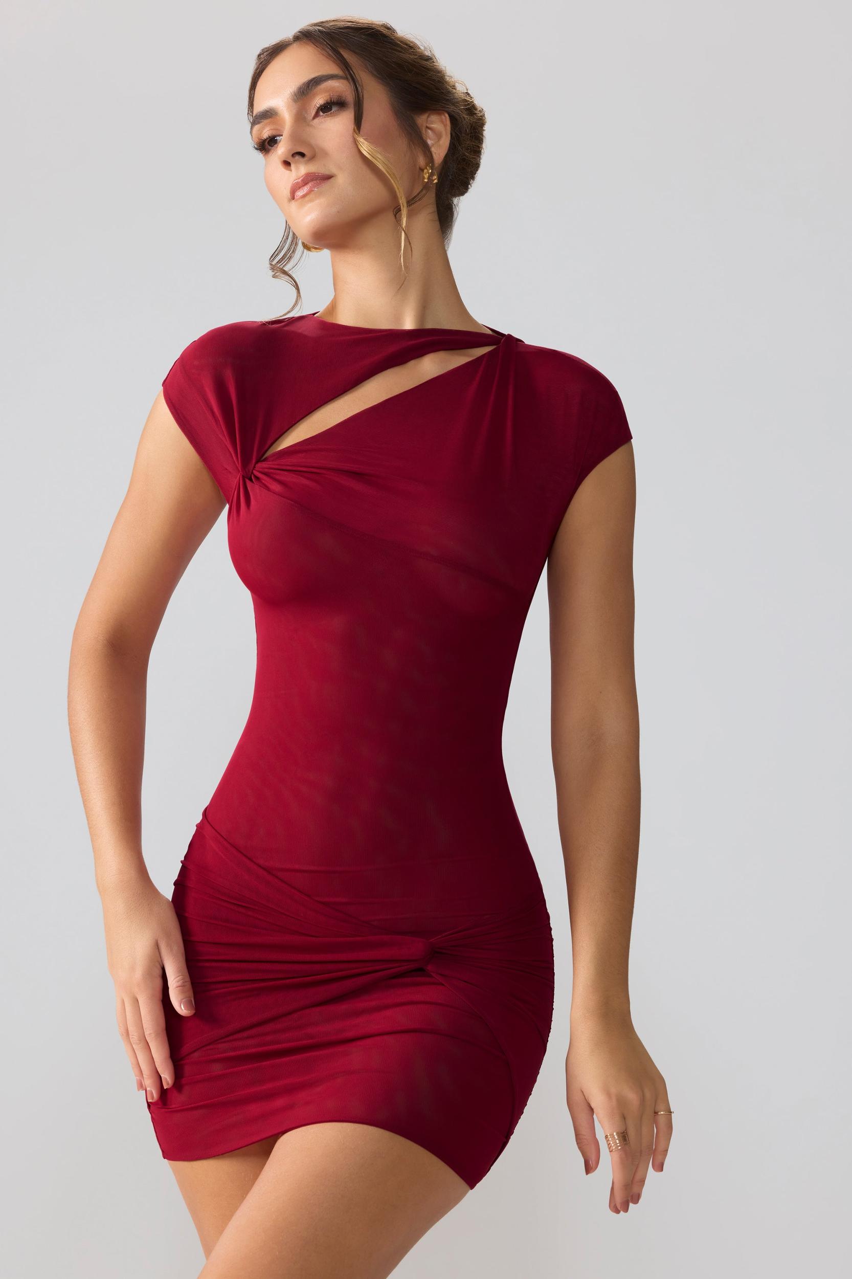 Mesh Cap Sleeve Cut Out Mini Dress in Ruby Product Image