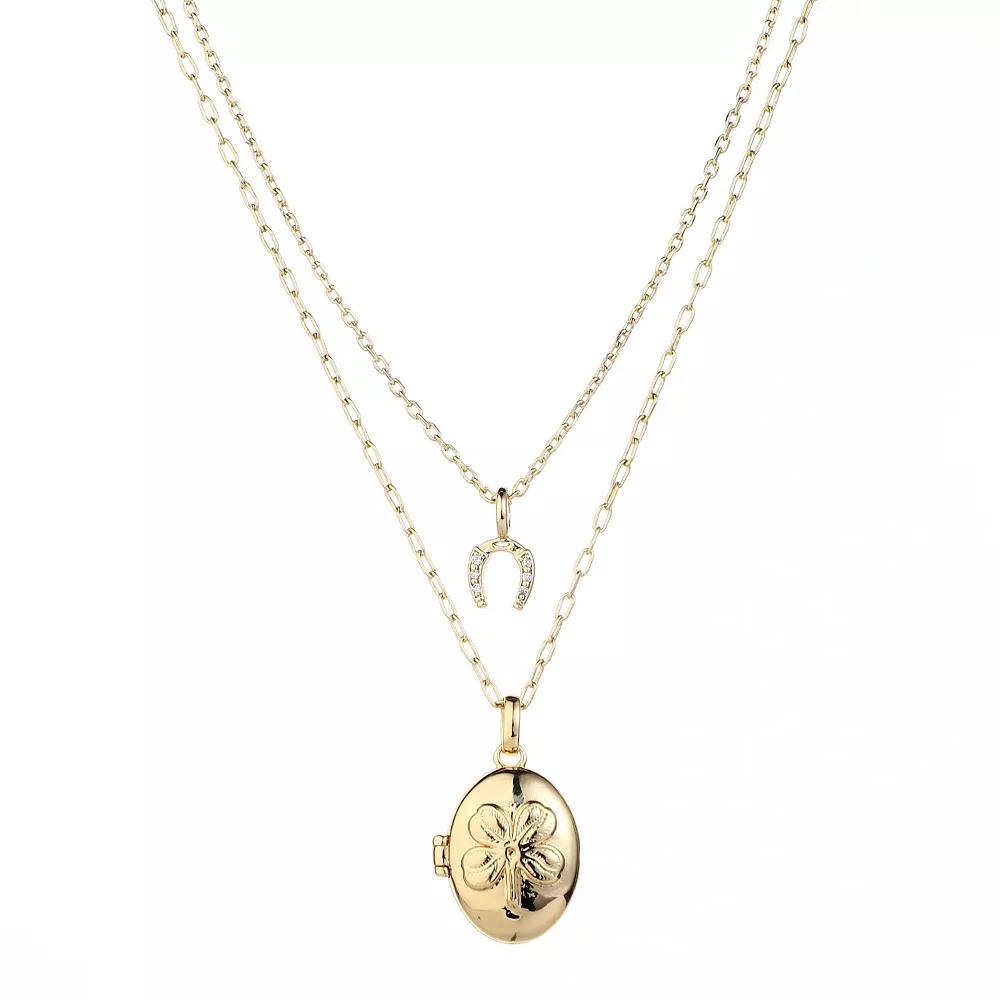 Forever Close 2-pc. 14k Gold Flash Plated Cubic Zirconia Horseshoe & Clover Oval Locket Necklace Set, Women's, Size: 16/18", Gold Tone Product Image
