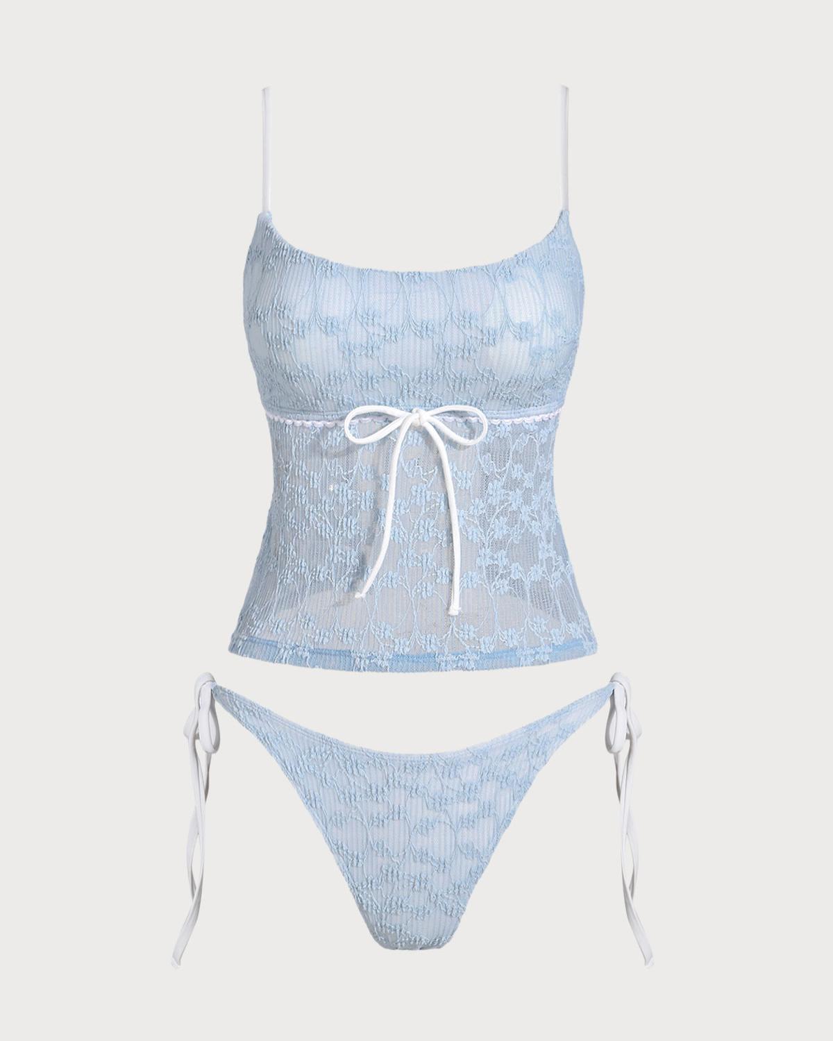 Blue Lace Contrast Tankini Swimsuit Product Image