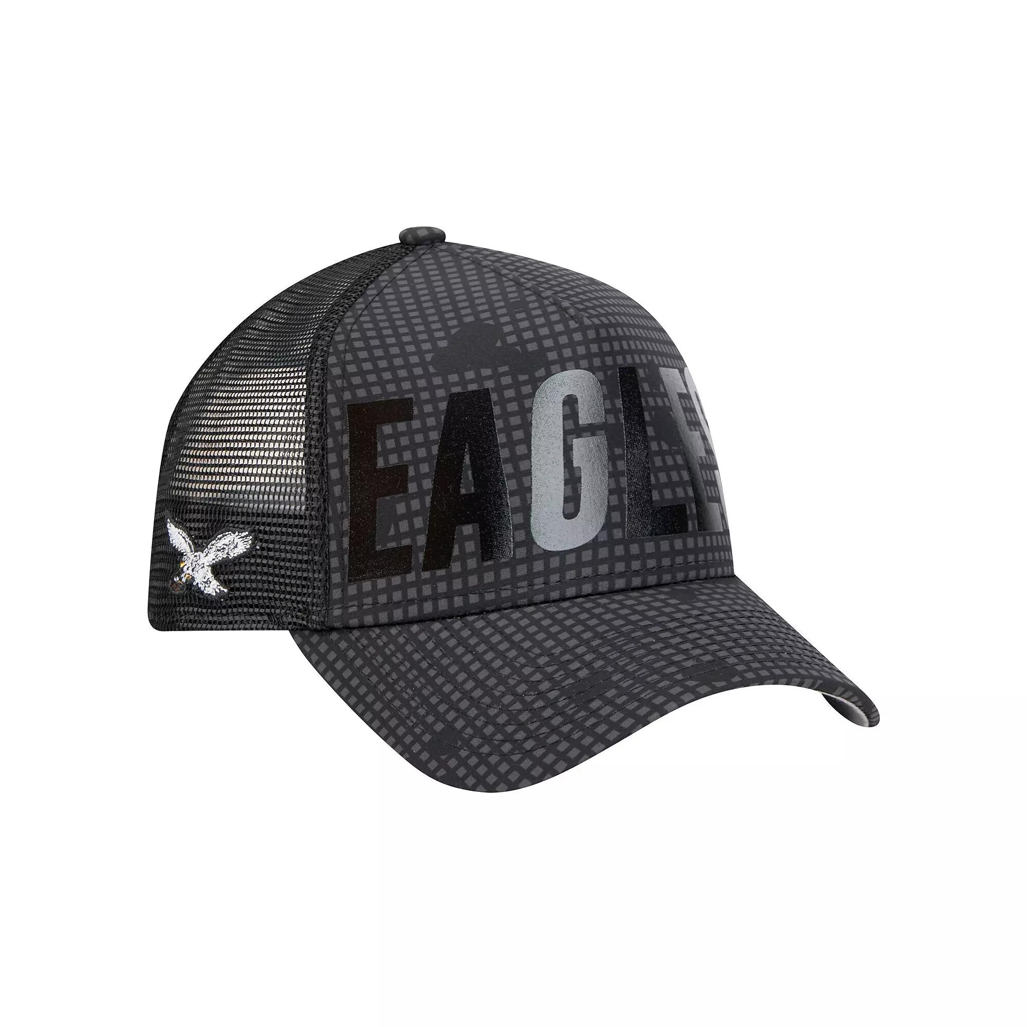 Men's New Era Black Philadelphia Eagles Throwback Midnight Ink Tonal Text A-Frame Trucker 9FORTY Adjustable Hat Product Image