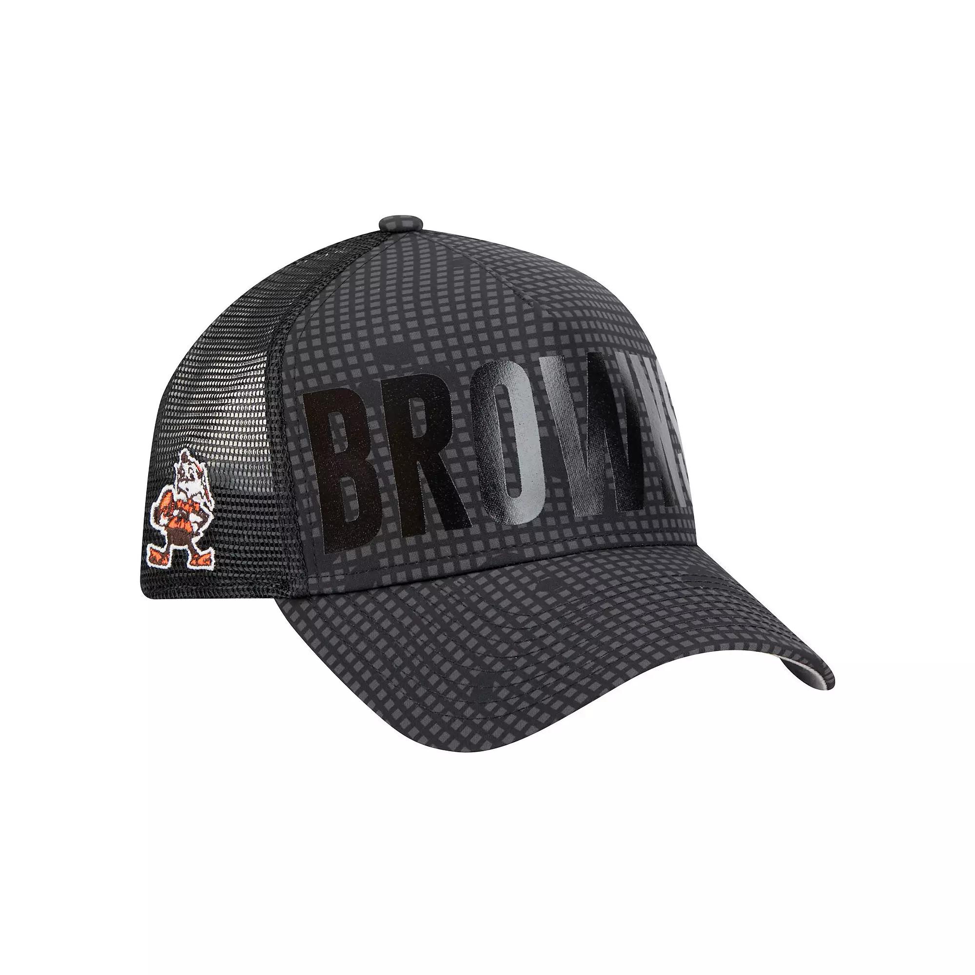 Men's New Era Black Cleveland Browns Throwback Midnight Ink Tonal Text A-Frame Trucker 9FORTY Adjustable Hat Product Image
