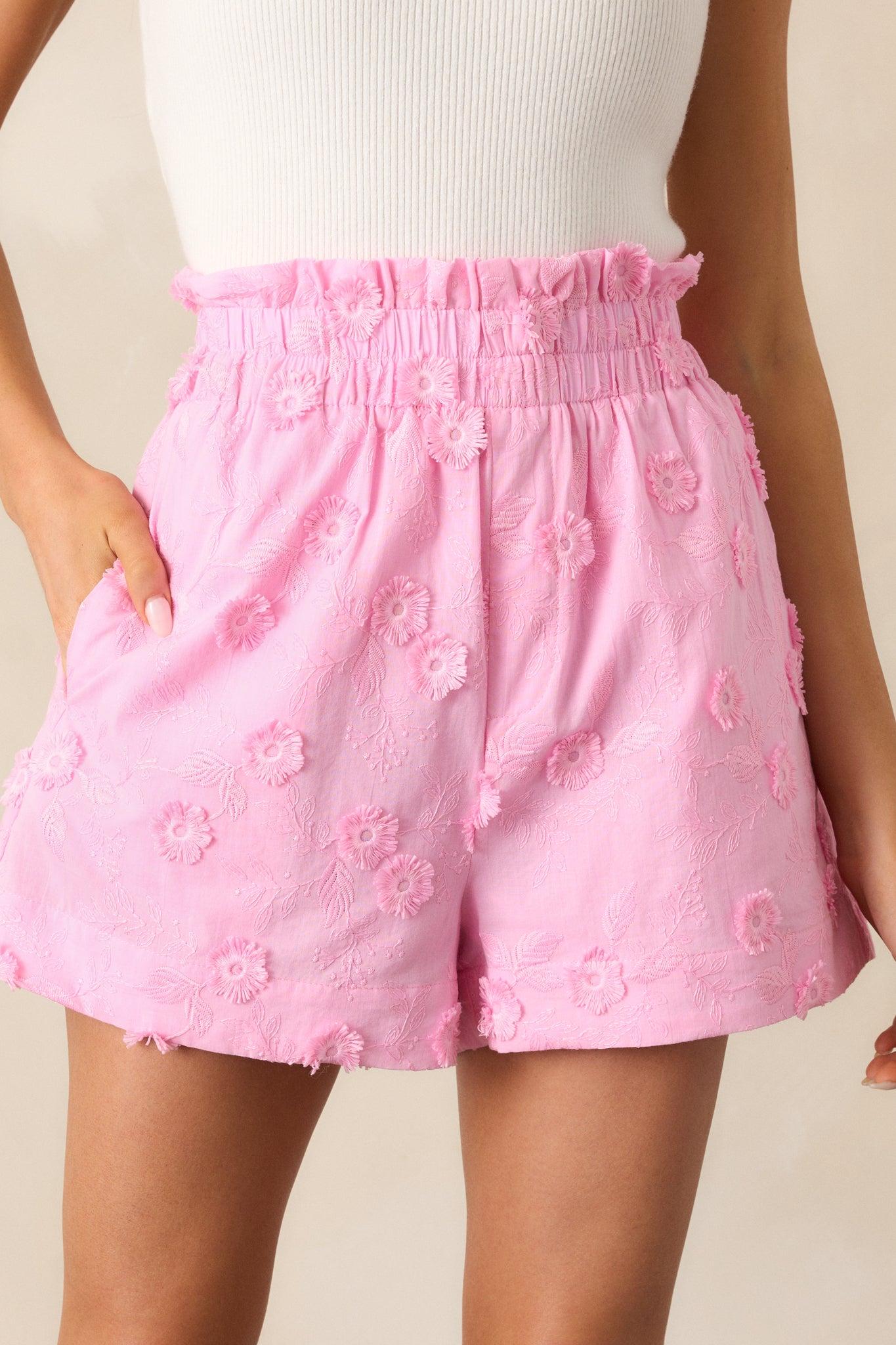 Take A Stroll Pink Floral Embroidered Shorts Product Image