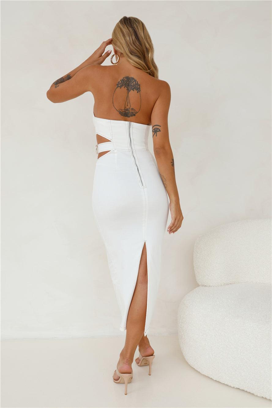 Online Chat Strapless Denim Midi Dress White Product Image