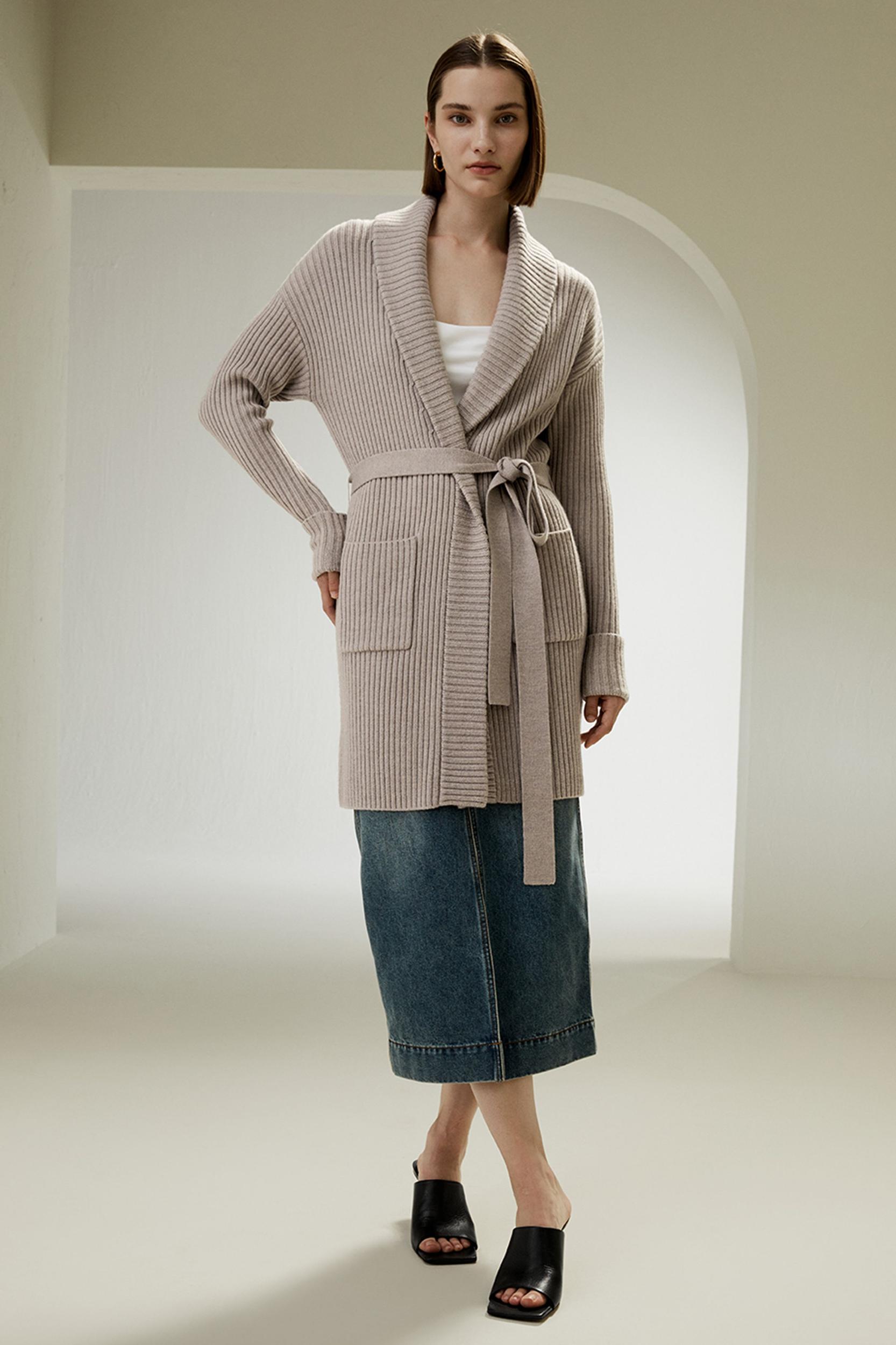 LILYSILK Wool Cardigans Womens Camel Pure Wool Elegant Belted Sweater L Product Image