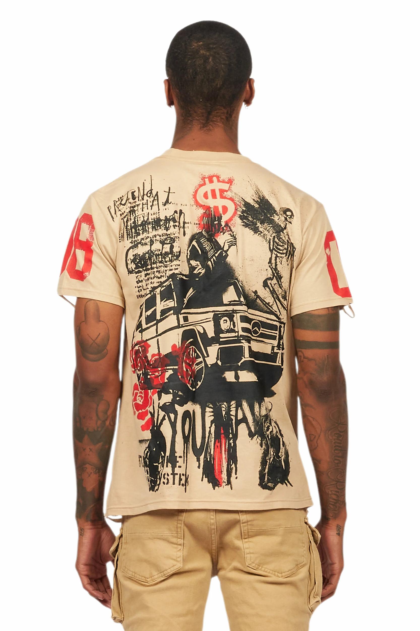 Grill Beige Graphic Oversized T-Shirt Male Product Image