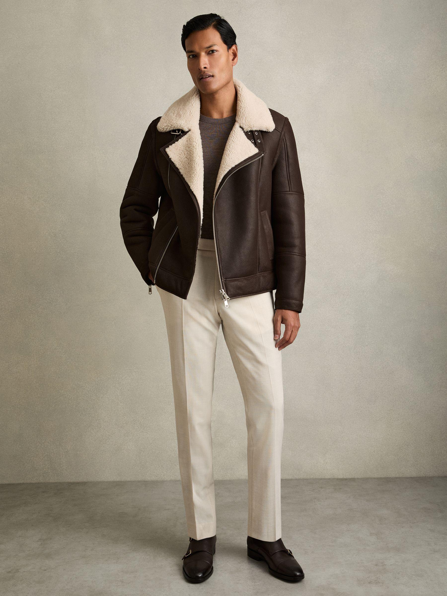 Shearling Lined Leather Aviator Jacket in Dark Brown Product Image