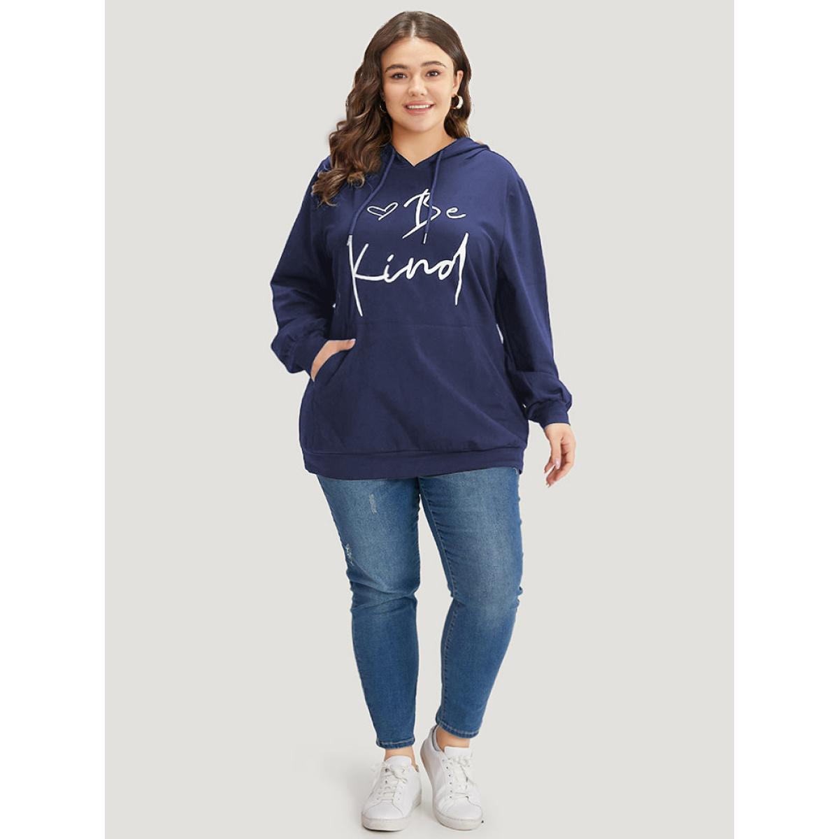Plus Size Letter Print Pocket Drawstring Hooded Sweatshirt Women Indigo Casual Elastic cuffs Dailywear Sweatshirts BloomChic 14-16/1X Product Image