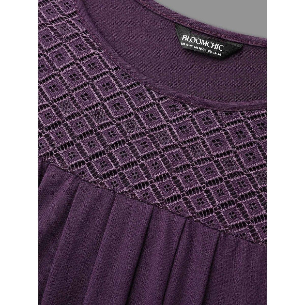 Plus Size Crew Neck Lace Detail Pleated T-Shirt Eggplant Women Elegant See through Round Neck Everyday T-shirts BloomChic 14-16/1X Product Image