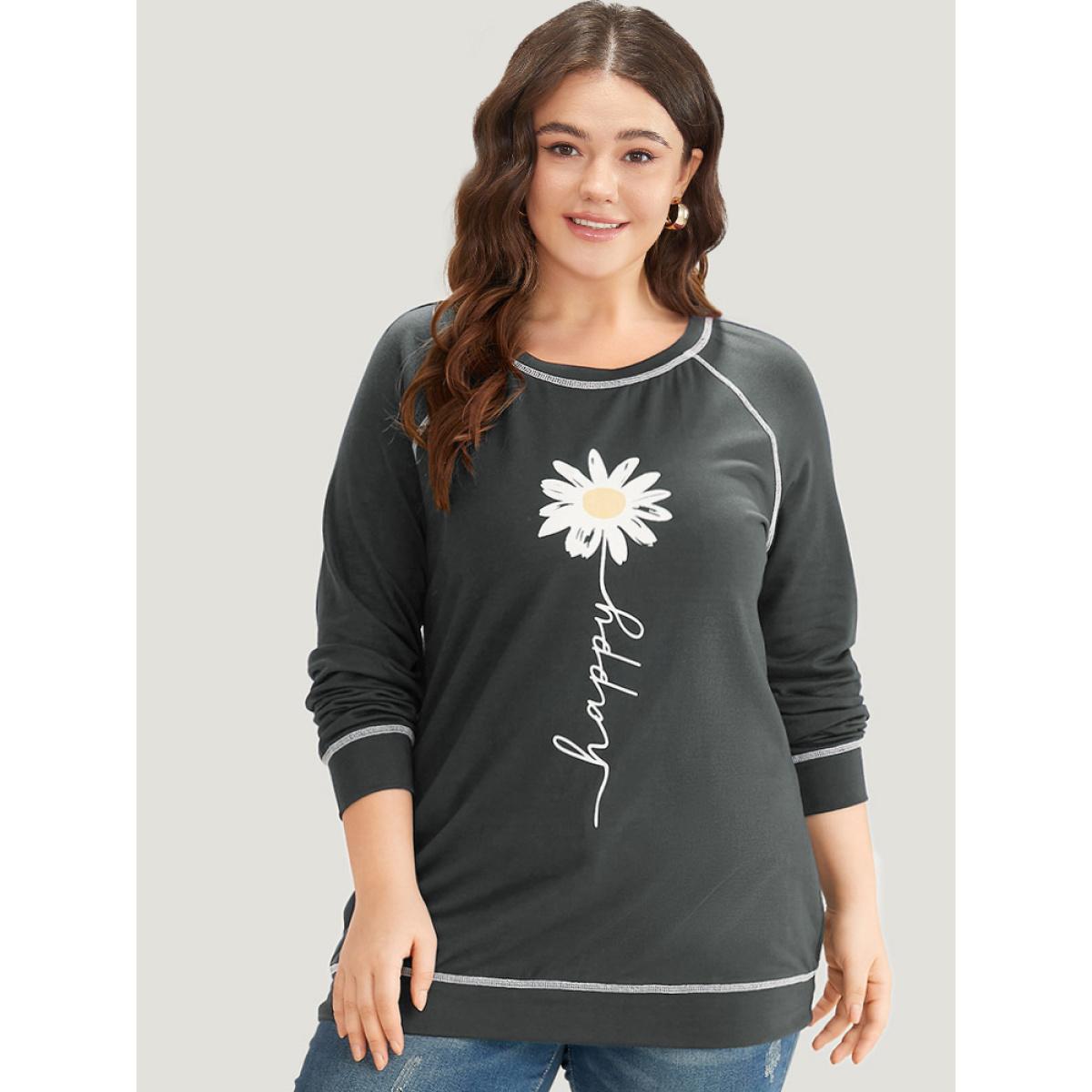 Plus Size Floral Print Stitch Crew Neck Raglan Sleeve Sweatshirt Women ArmyGreen Casual Elastic cuffs Dailywear Sweatshirts BloomChic 22-24/3X Product Image