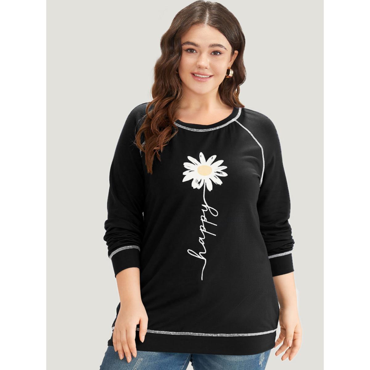 Plus Size Floral Print Stitch Crew Neck Raglan Sleeve Sweatshirt Women Black Casual Elastic cuffs Dailywear Sweatshirts BloomChic 30/6X Product Image