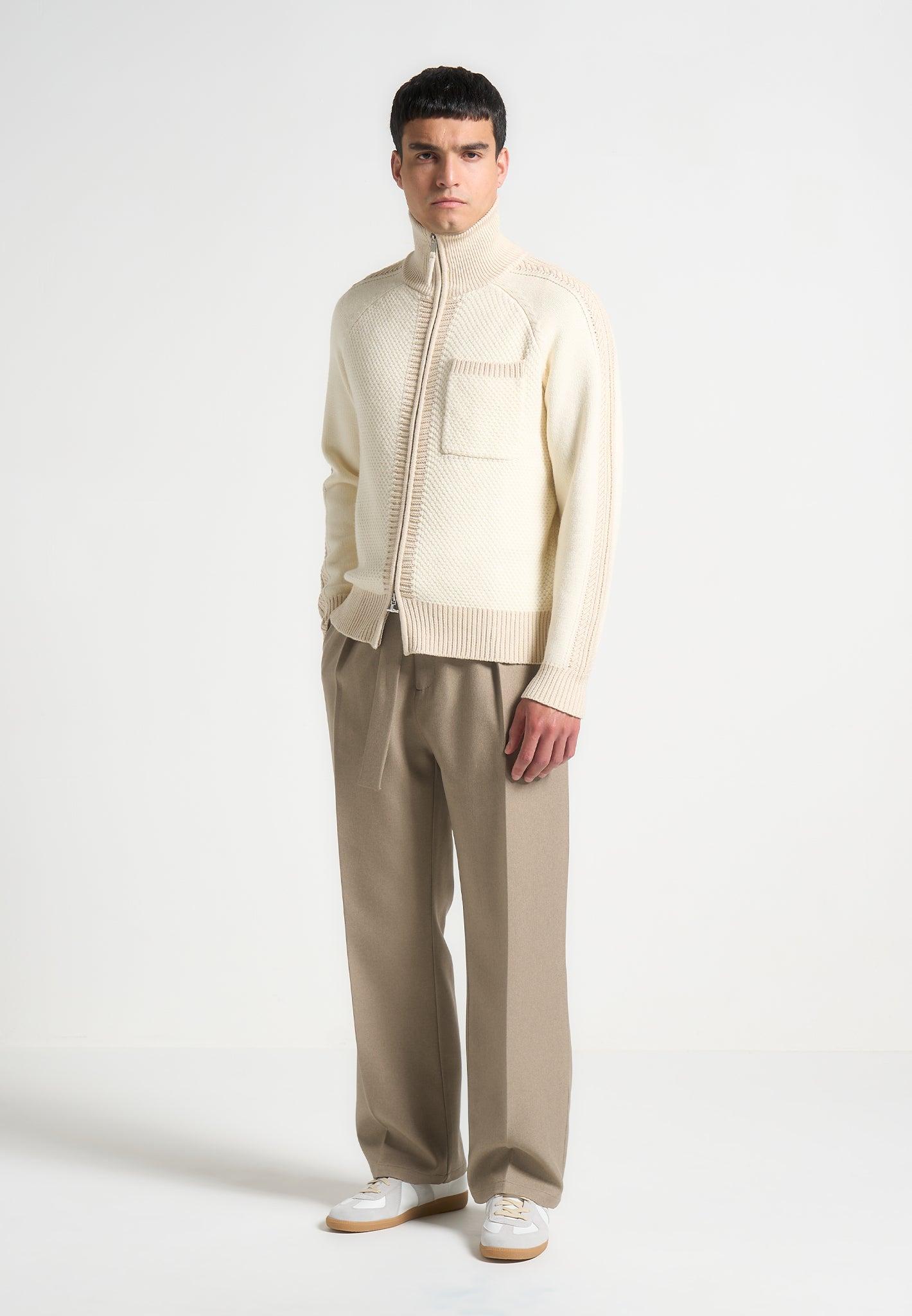 René - Colour Block Zip Through Cardigan - Cream Male Product Image