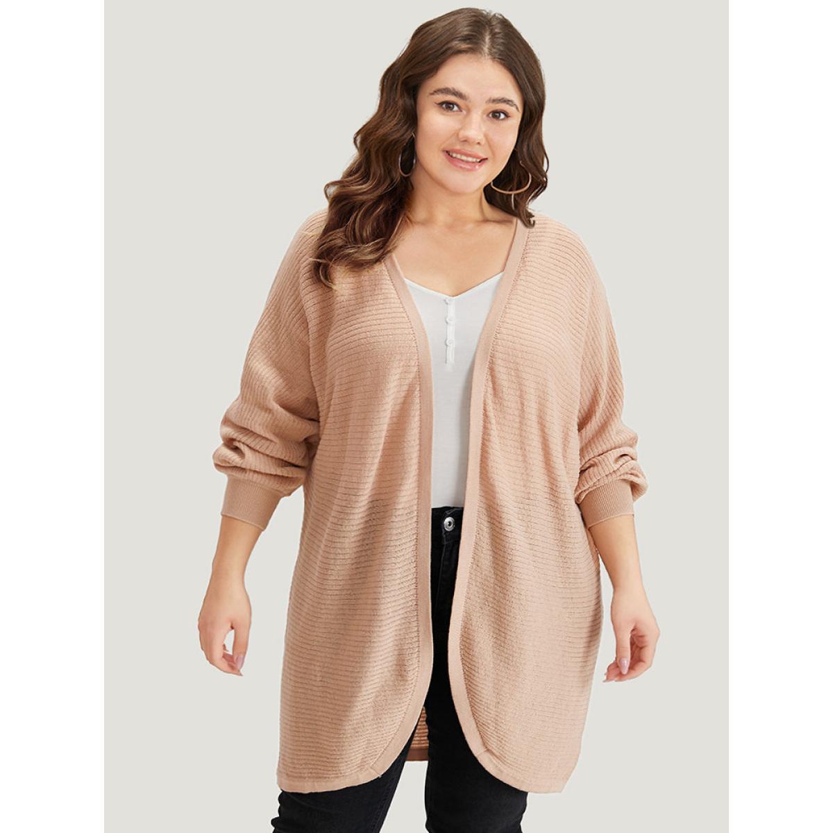 Plus Size Plain Textured Curved Hem Cardigan Champagne Women Casual Loose Long Sleeve Everyday Cardigans BloomChic 10/M Product Image