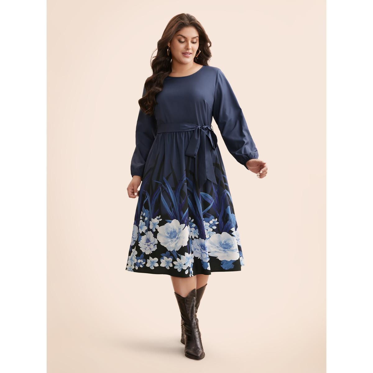Plus Size Boho Print Belted Lantern Sleeve Dress DarkBlue Women Casual Belted Round Neck Long Sleeve Curvy BloomChic 26/4X Product Image