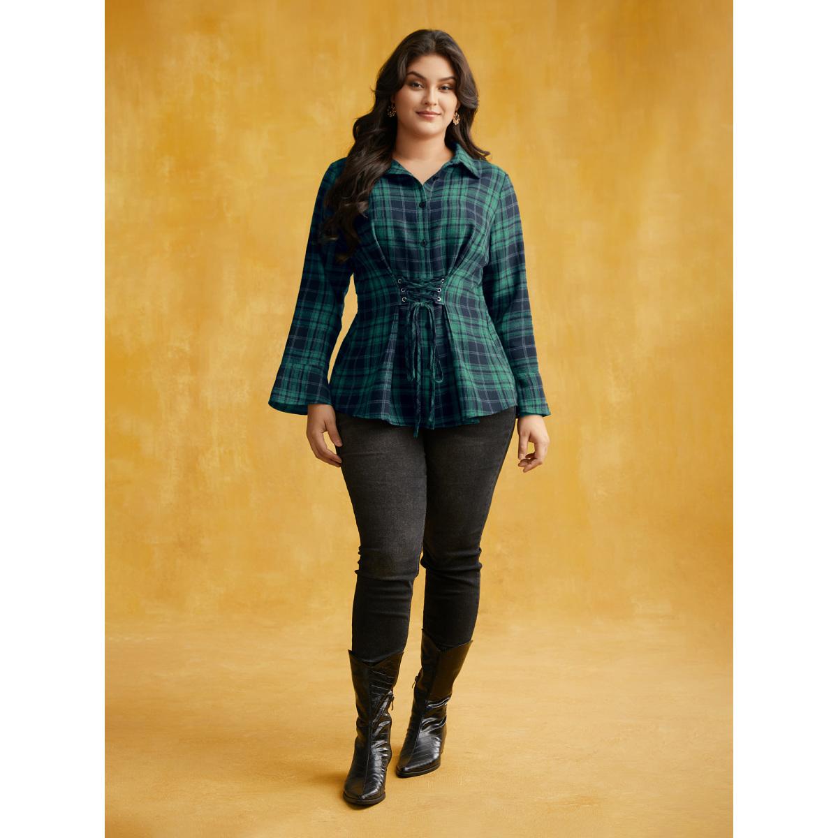 Plus Size Emerald Corset Plaid Waist-Cinching Blouse Women Elegant Long Sleeve Shirt collar Everyday Blouses BloomChic 26/4X Product Image
