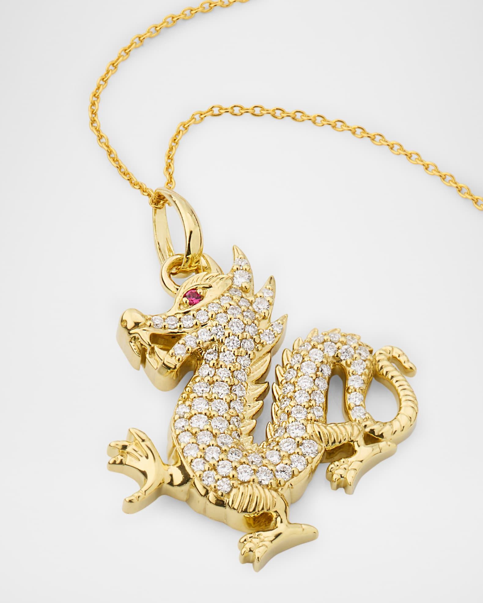 18K Yellow Gold Diamond Dragon Pendant Necklace Product Image