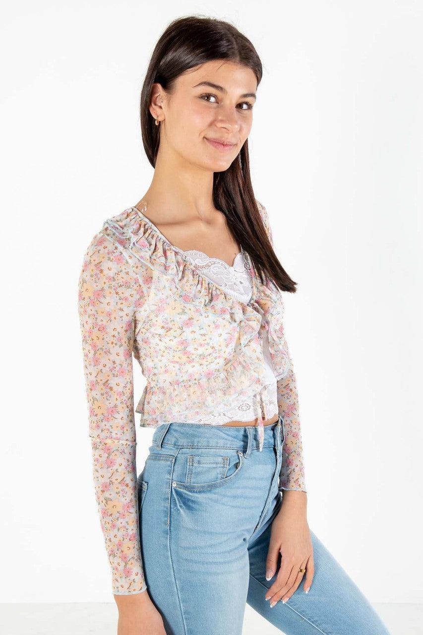 Floral Mesh Tie Front Top Product Image