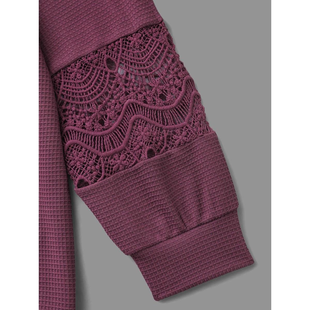 Plus Size V Neck Textured Lace Patchwork Sweatshirt Women Deeppurplered Casual Texture V-neck Everyday Sweatshirts BloomChic 14-16/1X Product Image