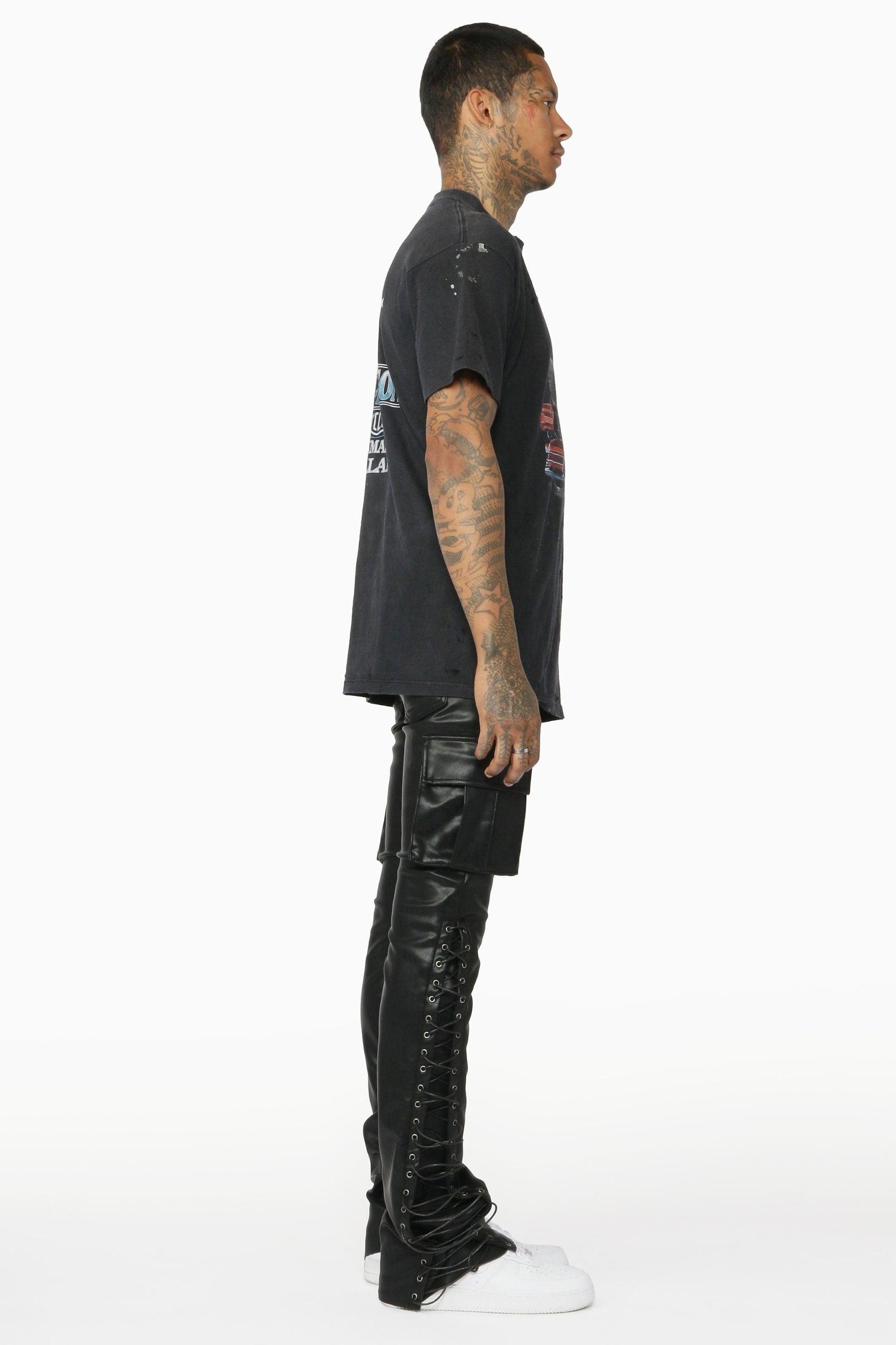 Honor Black Faux Leather Stacked Flare Jean Male Product Image