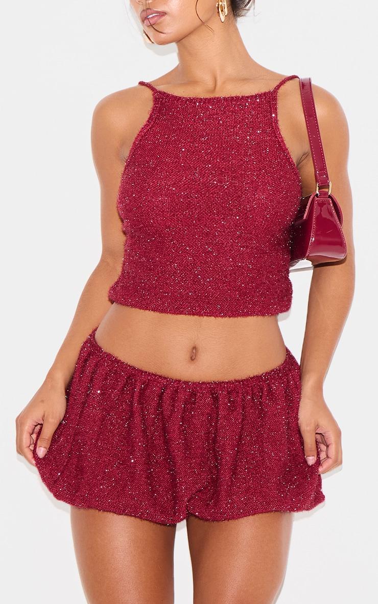 Wine Tinsel Knit Detail Puffball Skirt Product Image