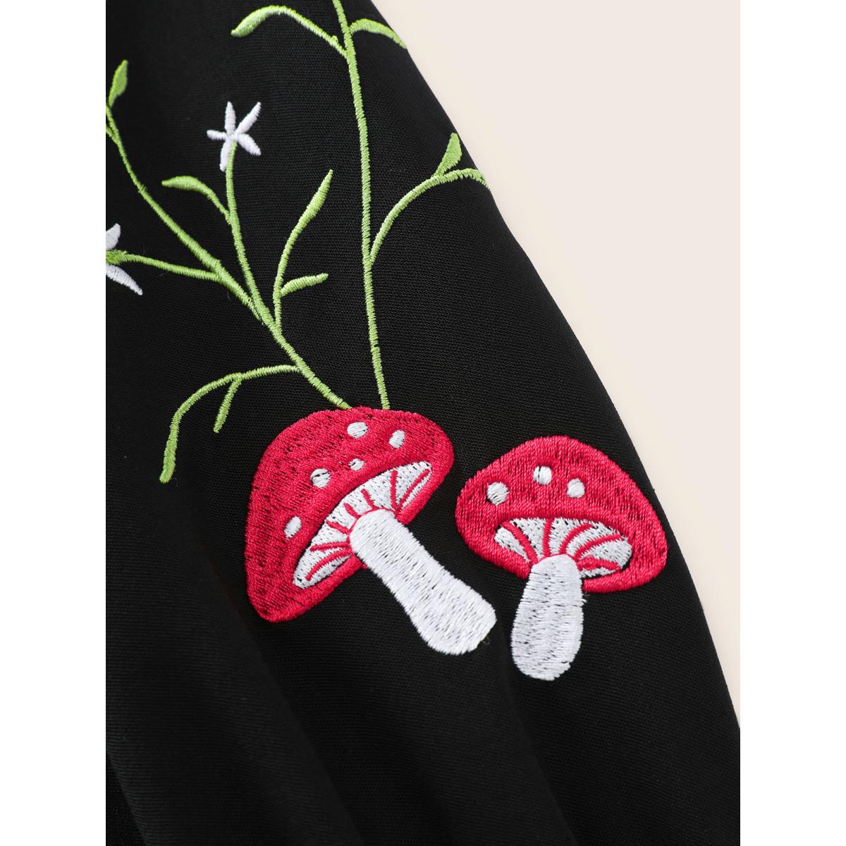 Plus Size Black Floral Embroidery Toothpick Pleats Blouse Women Extra Long Sleeve Flat collar with V-notch Casual Blouses BloomChic 18-20/2X Product Image