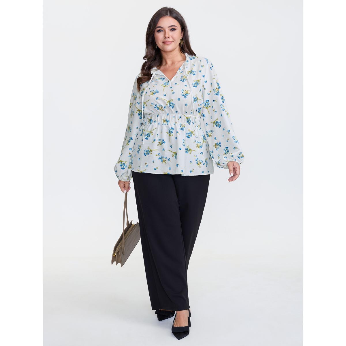 Plus Size Ivory Floral Print Waist Defining Neck Tie Blouse Women Timeless Long Sleeve Flat collar with V-notch Elegant Blouses BloomChic 28/5X Product Image