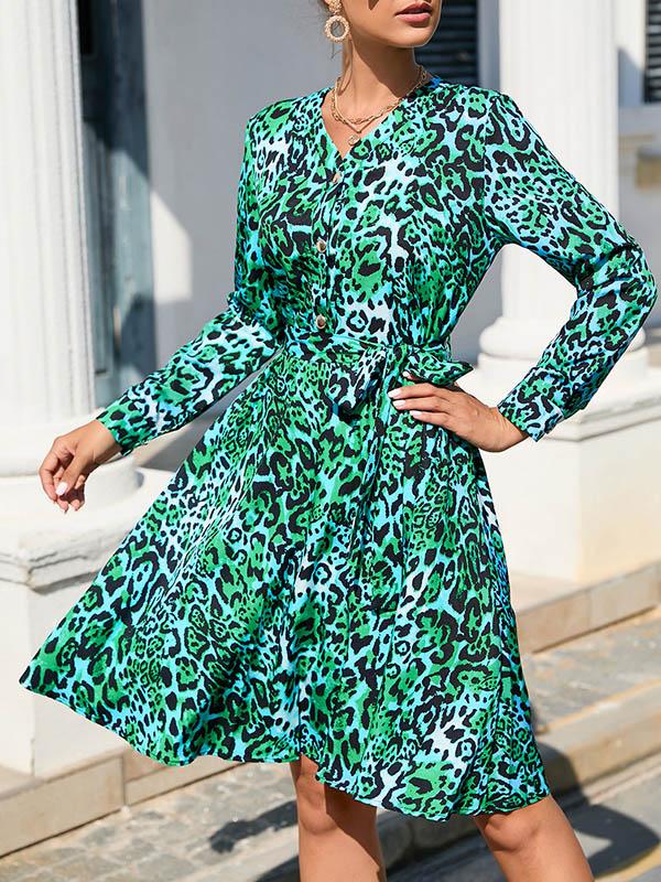 A-Line Long Sleeves Buttoned Leopard Printed Tied Waist V-Neck Mini Dresses Product Image