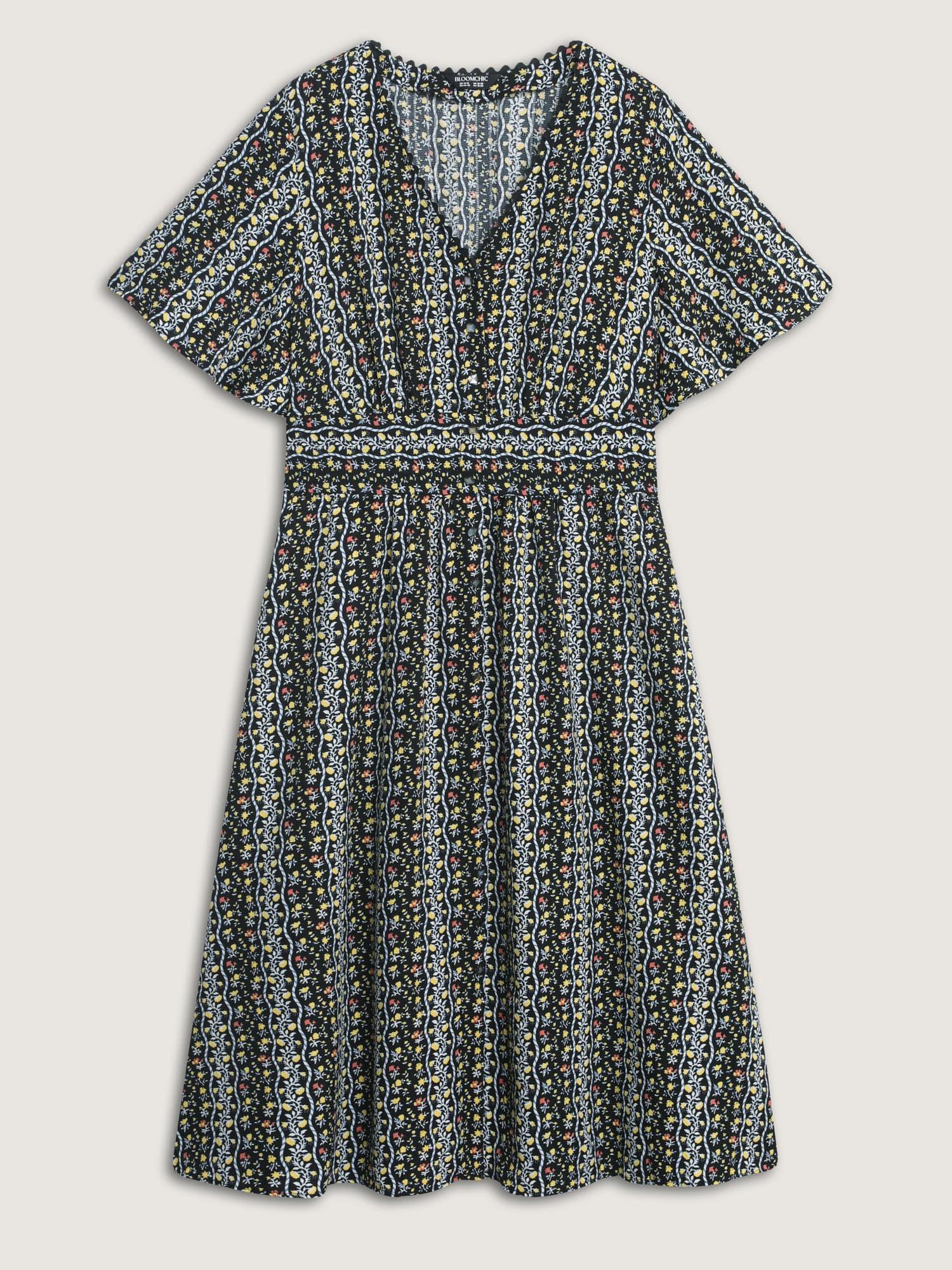 Retro Floral Striped Shirred Waist Midi Dress Female Product Image