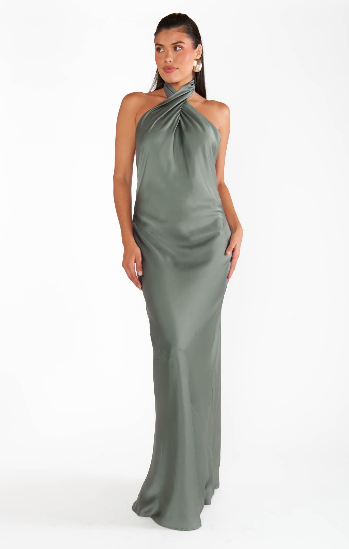 Jasmine Halter Maxi Dress ~ Deep Sage Luxe Satin Product Image
