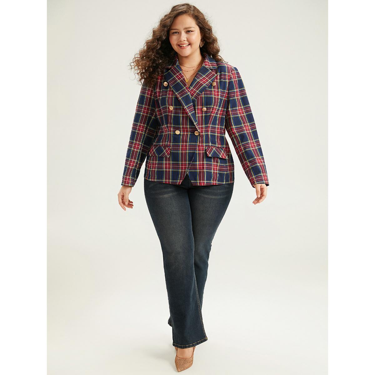 Plus Size Plaid Metal Detail Pocket Blazer Multicolor Women Dailywear Plaid Button Sleeve Long Sleeve Suit Collar 10/M Pocket Casual Blazers BloomChic Product Image
