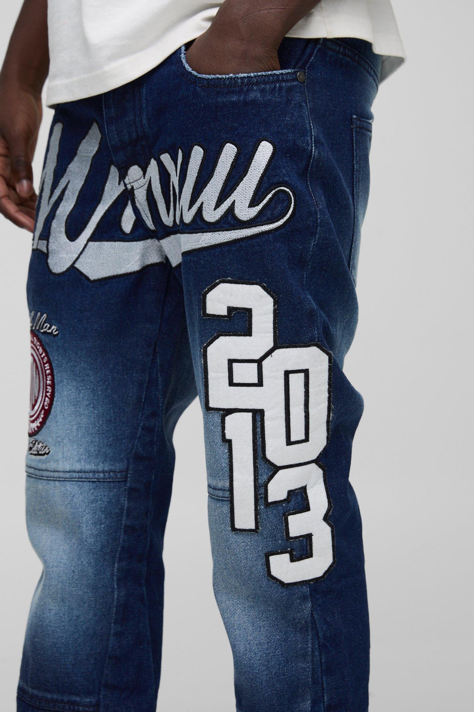 Slim Flared Applique Badge Washed Gusset Jeans | boohooMAN USA Product Image