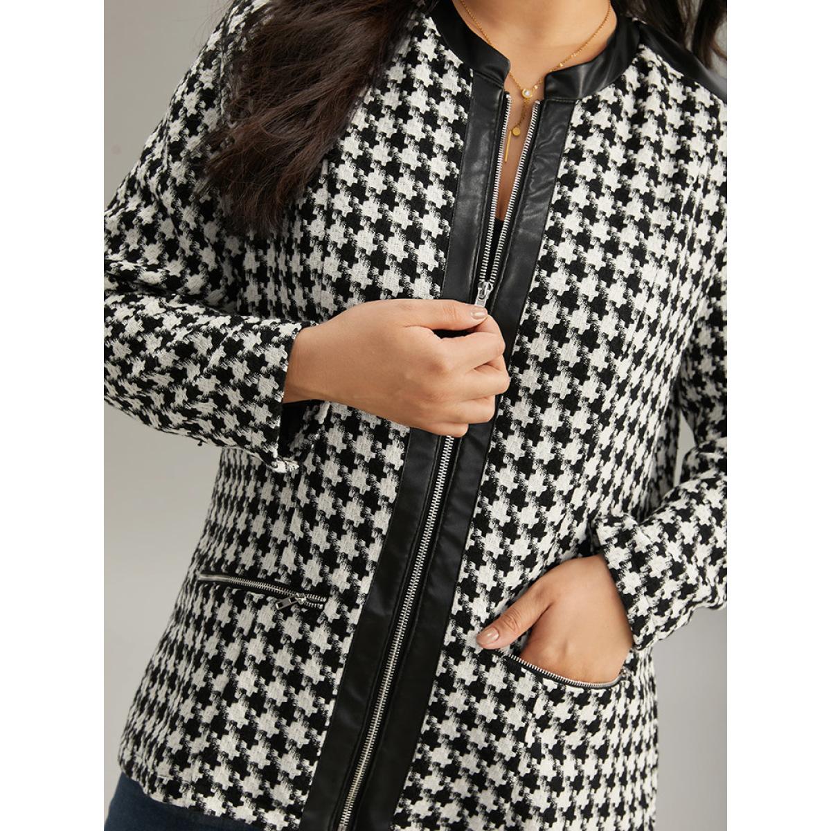 Plus Size Houndstooth PU Leather Patchwork Tweed Zipper Blazer Black Women Dailywear Houndstooth Contrast Sleeve Long Sleeve Open Front 22-24/3X Pocket Casual Blazers BloomChic Product Image