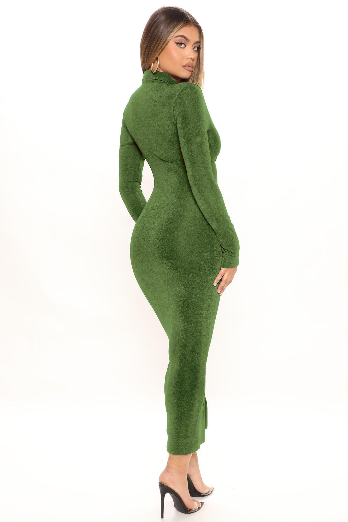 Silky Smooth Long Sleeve Slinky Dress - Olive Product Image
