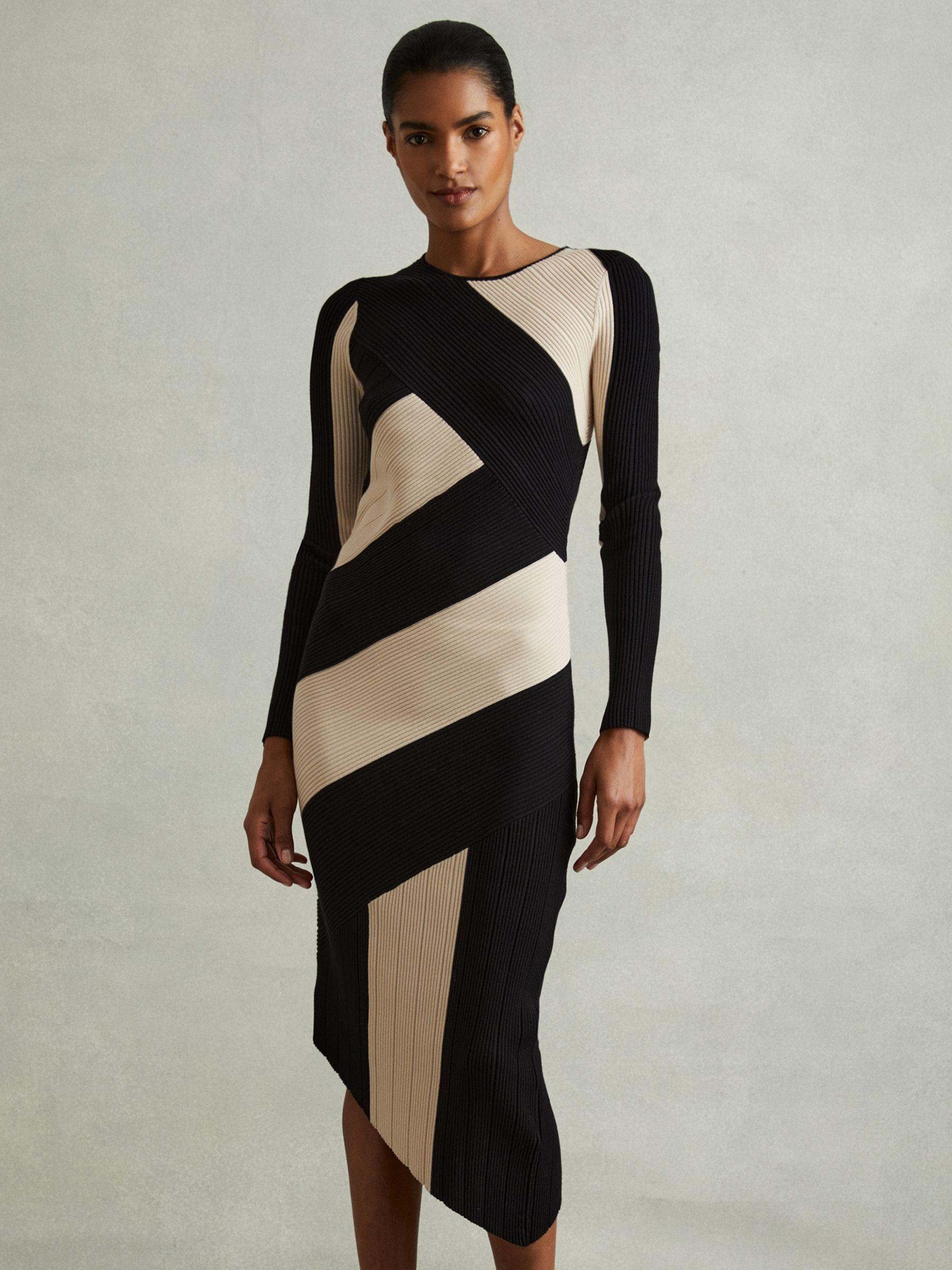 Knitted Colourblock Asymmetric Midi Dress in Black/Camel Product Image