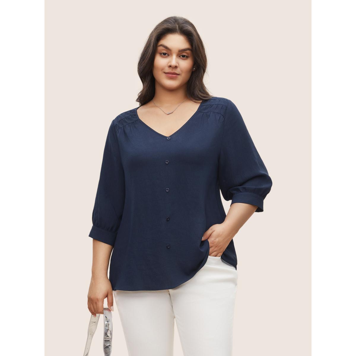 Plus Size Indigo Solid Button Detail Gathered Lantern Sleeve Blouse Women Work From Home Elbow-length sleeve V-neck Work Blouses BloomChic 12/L Product Image