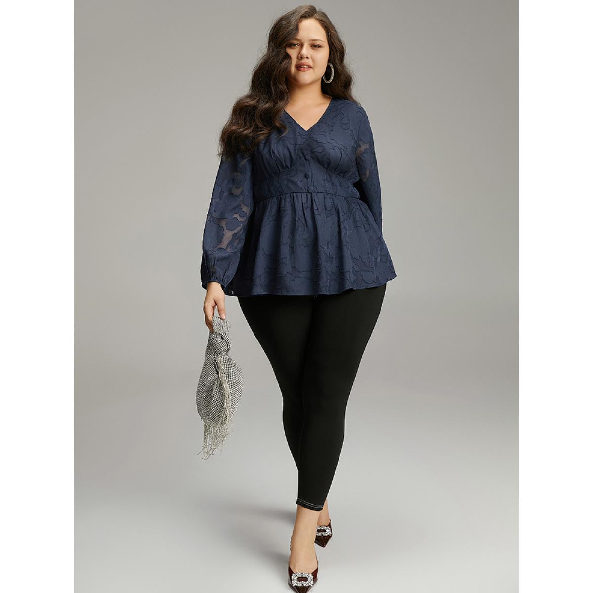 Plus Size Indigo Floral Mesh Elastic Waist Button Detail Blouse Women Glamour Long Sleeve V-neck Going out Blouses BloomChic 26/4X Product Image