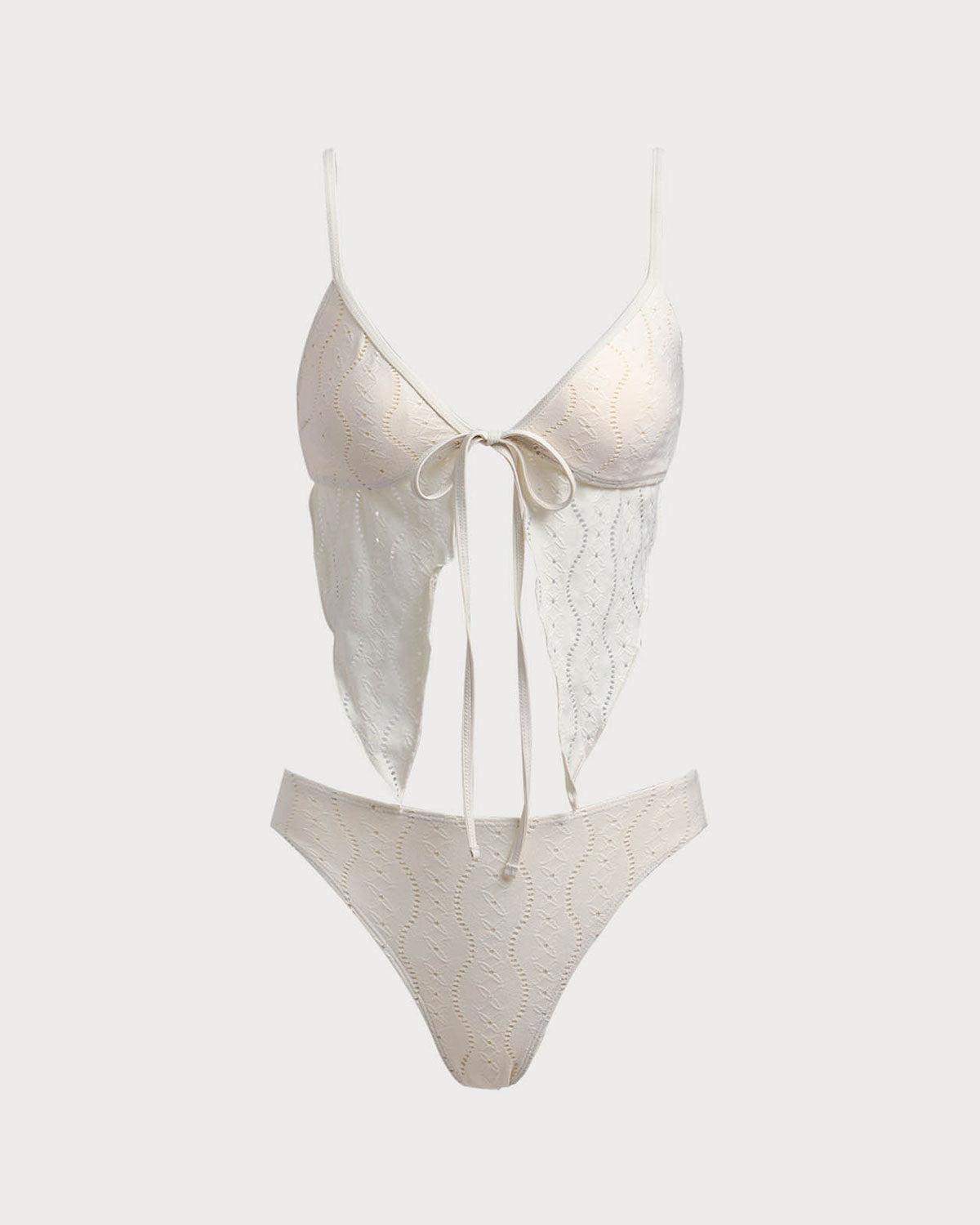 Beige Cutout Lace-Up Tankini Swimsuit Product Image