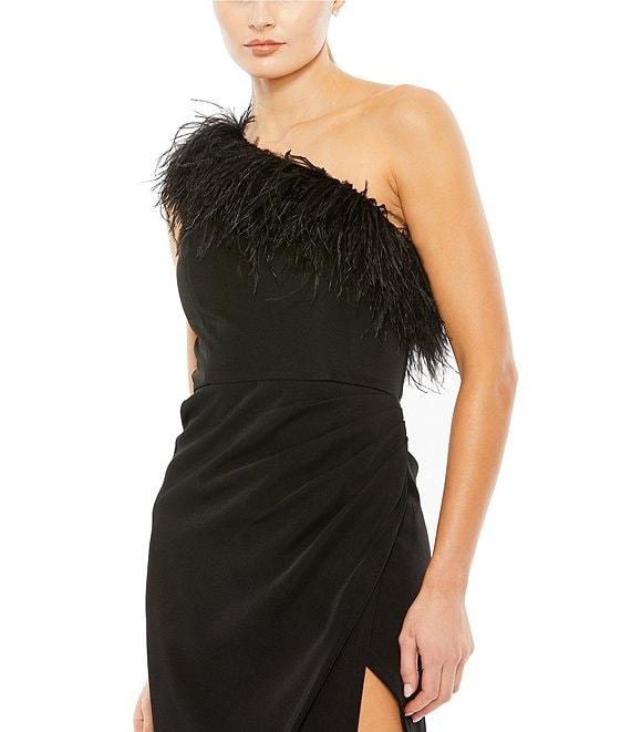 Mac Duggal Crepe Asymmetrical One Shoulder Neck Sleeveless Feather Trim Draped Sheath Midi Dress Product Image