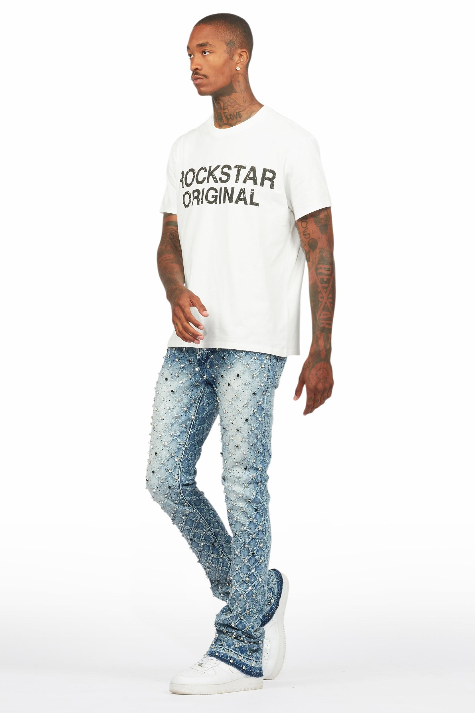 Glit Dark Blue Rhinestone Stacked Flare Jean Male Product Image