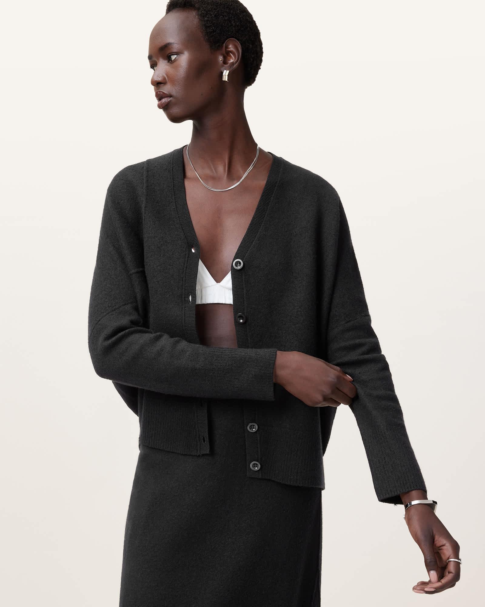 Antonia V-Neck Merino Wool Cardigan Black | ALLSAINTS US Product Image
