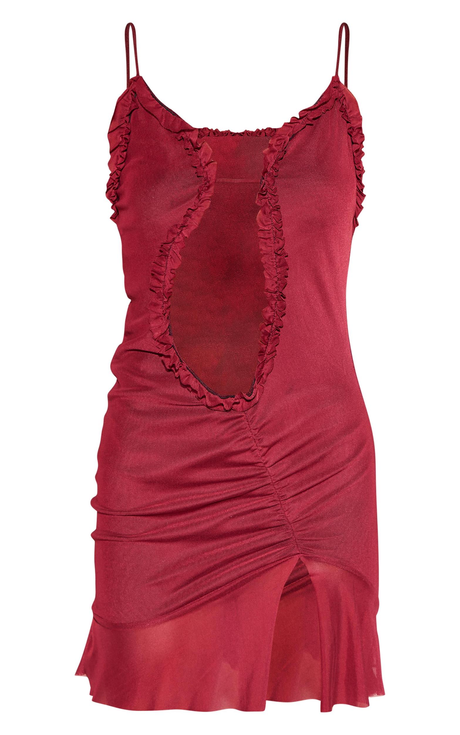 Burgundy Mesh Cut Out Frill Detail Ruched Bodycon Dress Product Image