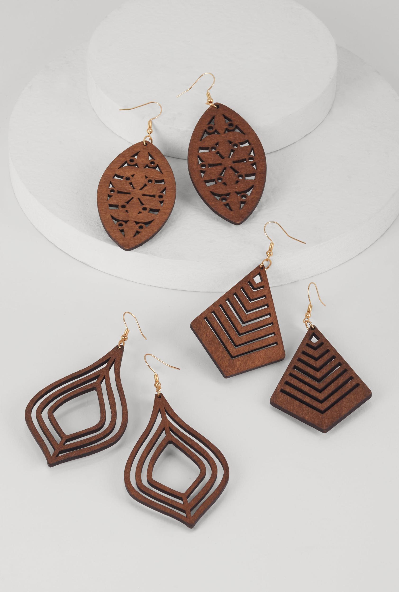 Assorted Wooden Geometric Laser Cut Drop Earring Set of 3 Unisex Product Image