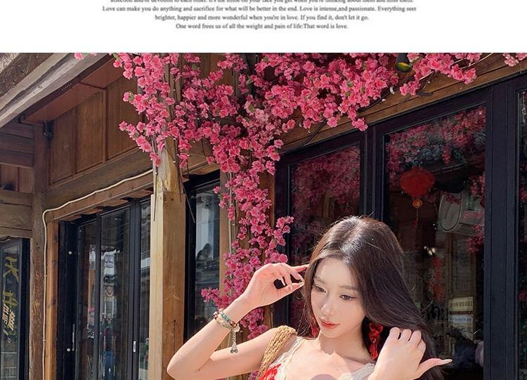 Spaghetti Strap Floral Lace Trim Midi A-Line Sundress Product Image